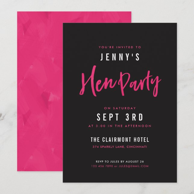 Modernes Hot Pink & Black Hen Party lädt ein Einladung (Vorne/Hinten)