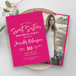Modernes Hot Pink Gold Foto Sweet 16 Sechzehn Folieneinladung