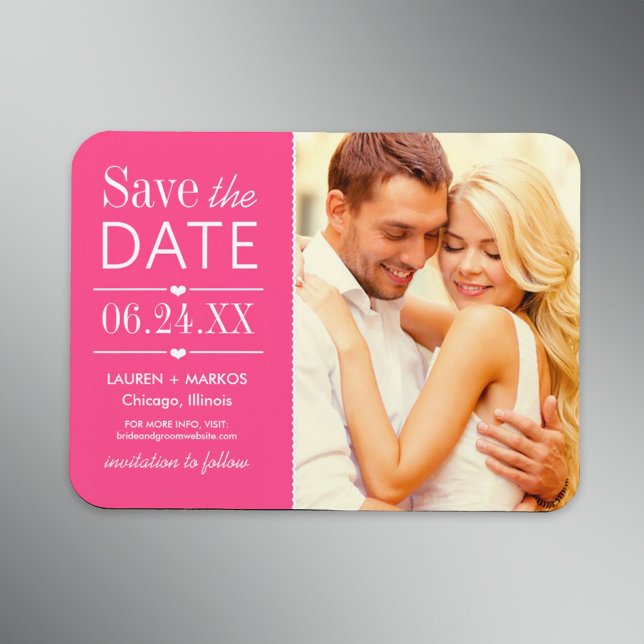 Modernes Hot Pink Hearts Wedding Foto Save the Dat Magnet (Von Creator hochgeladen)