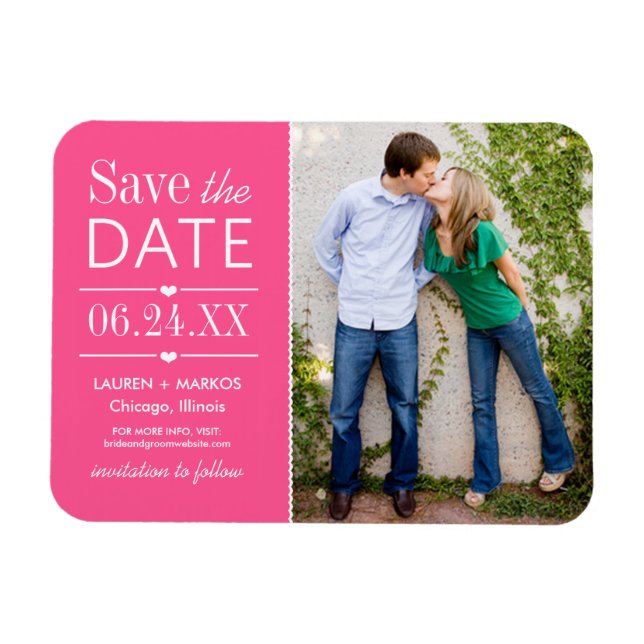 Modernes Hot Pink Hearts Wedding Foto Save the Dat Magnet (Horizontal)