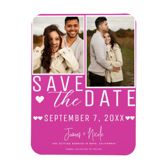 Modernes Hot Pink Save the Date 2 Foto Hochzeit Magnet (Vertikal)
