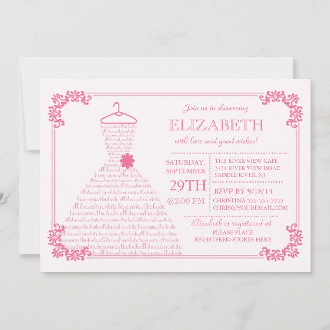 Modernes Hübsches rosa Hochzeitskleid-Brautparty Einladung (Vorderseite)