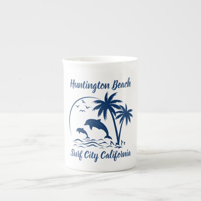 Modernes Huntington Beach California Dark Blue Prozellantasse (Vorderseite)