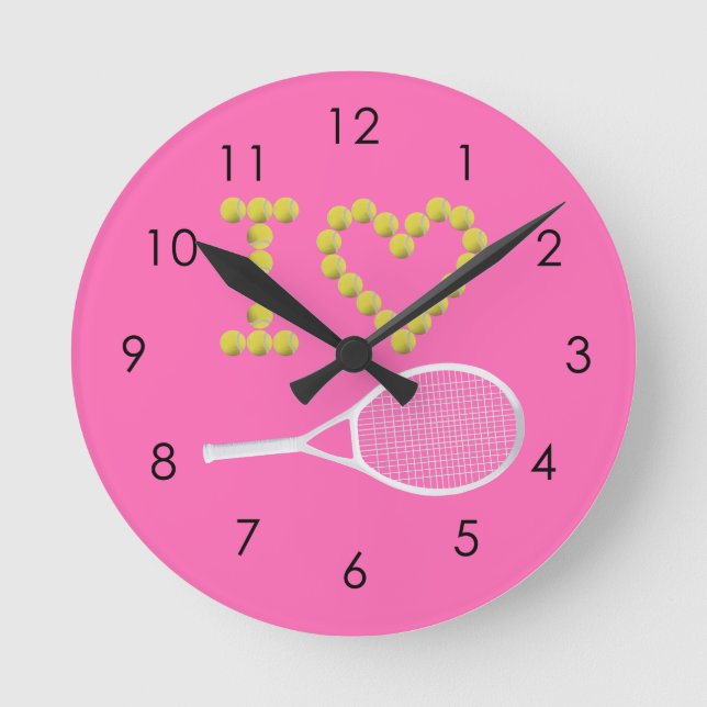 Modernes I-Liebe Tennis Pink Runde Wanduhr (Vorderseite)