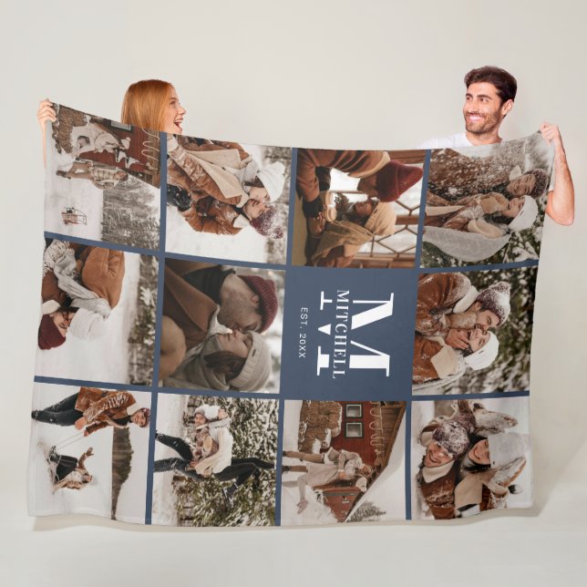 Modernes Instagramm Foto Collage Navy Blue Monogra Fleecedecke (Beispiel)