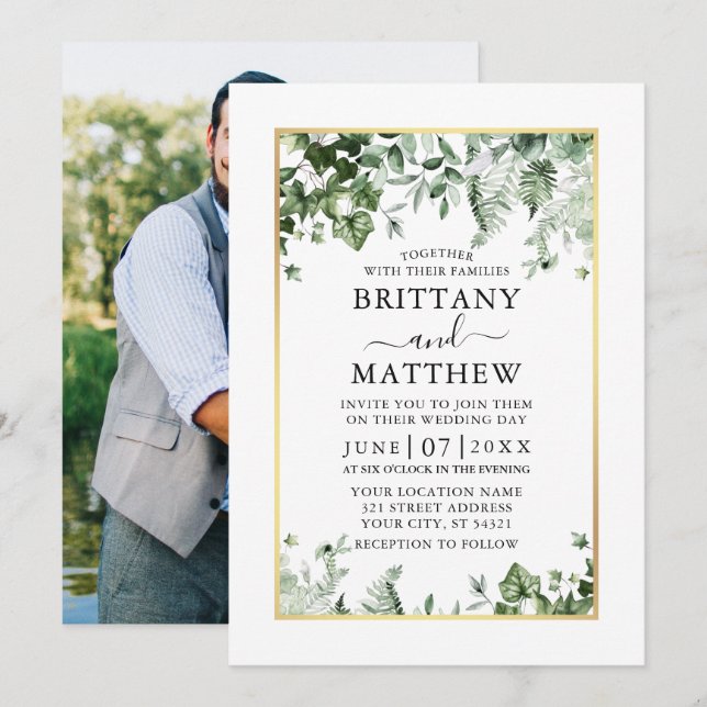Modernes Ivy Sage Greenery Foto Gold Wedding Einladung (Vorne/Hinten)