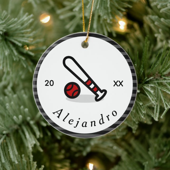 Modernes Jahr des Red & Black Baseball Bat Individ Keramik Ornament (Baum)