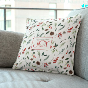 Modernes Joy Red Berry Botanisches Weihnachtsfest Kissen