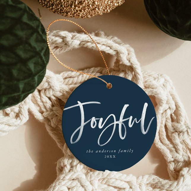 Modernes Joyful Script Navy Foto Keramik Ornament (Von Creator hochgeladen)