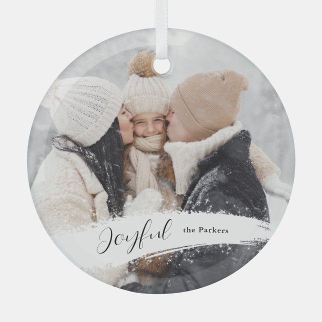 Modernes Joystick mit Snowy Brushstroke-Foto Ornament Aus Glas (Vorderseite)