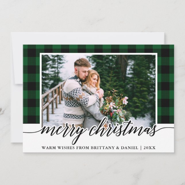 Modernes Kalligrafie Foto Grün Kariert Weihnachten (Vorderseite)