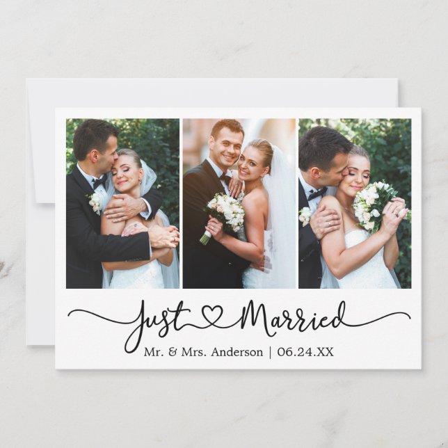 Modernes Kalligrafie Herz 3 Foto Hochzeit Ankündigung (Vorderseite)