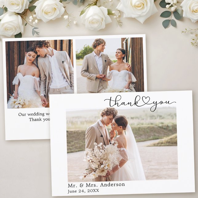 Modernes Kalligrafie Herz 3 Foto Hochzeit Dankeskarte (Customize to change your personalized text size or text style.)