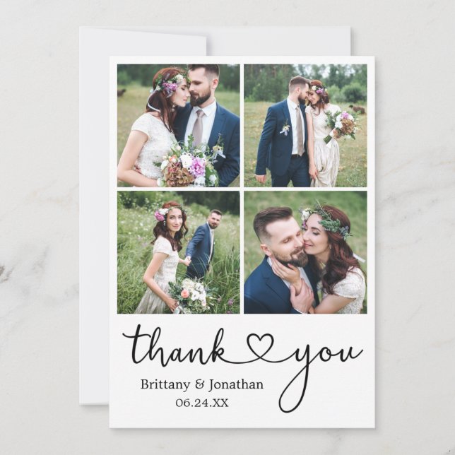 Modernes Kalligrafie Herz 4 Foto Hochzeit Dankeskarte (Vorderseite)