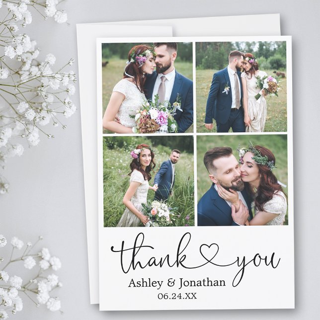 Modernes Kalligrafie Herz 4 Foto Hochzeit Dankeskarte (Customize to change your personalized text size or text style.)