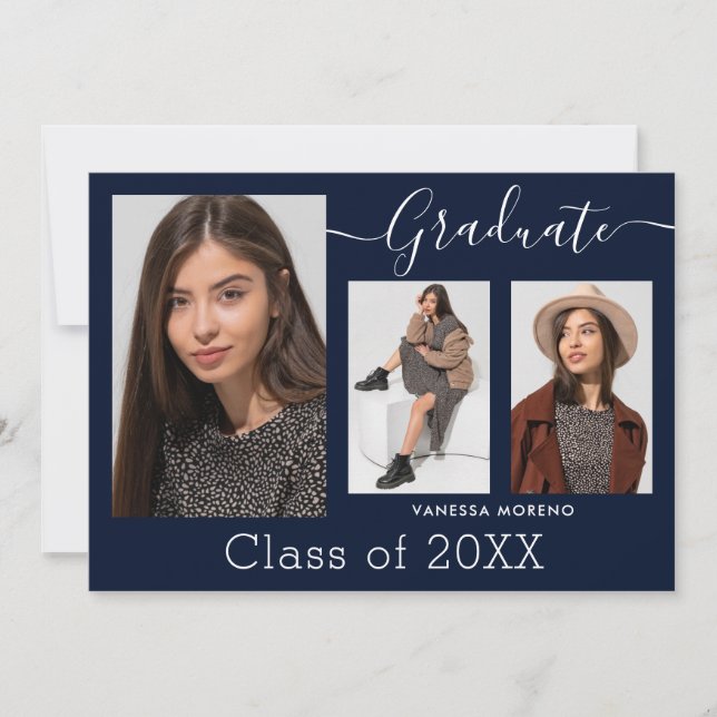 Modernes Kalligrafie Script Blue 3 Foto Abschluss Ankündigung (Vorderseite)