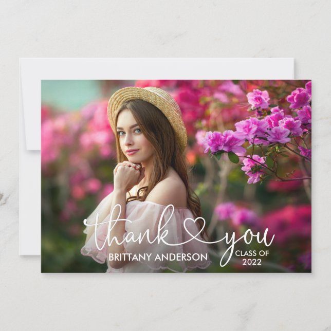 Modernes Kalligrafie-Script-Herz-Graduate-Foto Dankeskarte (Vorderseite)