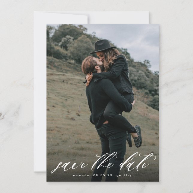 Modernes Kalligrafie-Typografie-Weißes Overlay-Fot Save The Date (Vorderseite)