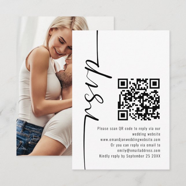 Modernes kalligrafisches Foto QR Code Wedding RSVP Karte (Vorne/Hinten)
