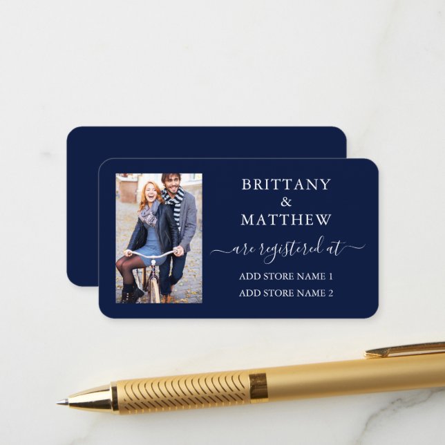 Modernes kalligrafisches Foto Wedding Registry Blu Begleitkarte (Vorderseite/Rückseite Beispiel)