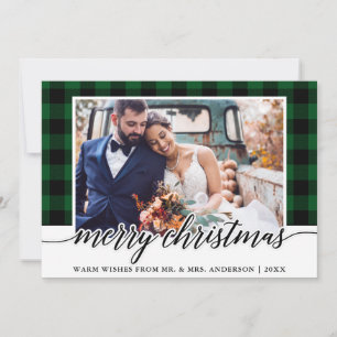Modernes kalligrafisches Green Kariert Wedding Fot Feiertagskarte