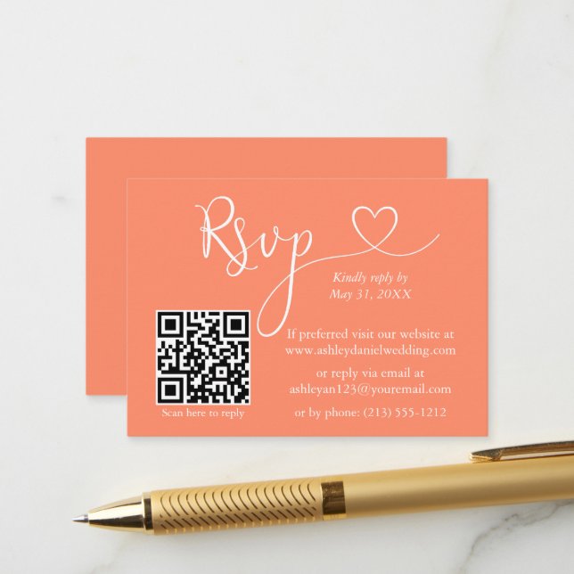 Modernes kalligrafisches Herz Hochzeit QR UAWG Cor Begleitkarte (Vorderseite/Rückseite Beispiel)