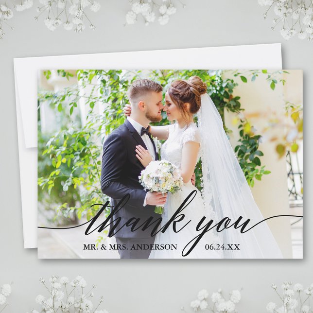 Modernes kalligrafisches Hochzeitbriefe Foto B Dankeskarte (Customize to add text or more photos to back of card.)