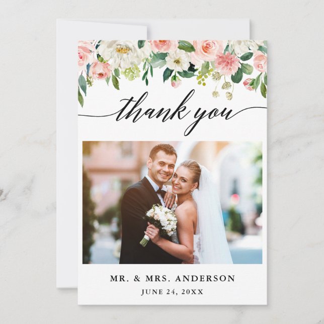 Modernes kalligrafisches Pink Floral Wedding Foto Dankeskarte (Vorderseite)