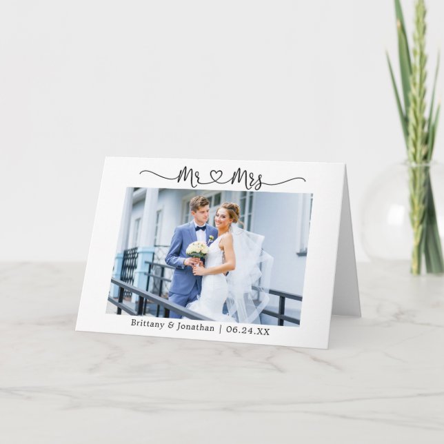 Modernes kalligraphisches Herz Mr. und Mrs. Weddin Dankeskarte (Vorderseite)