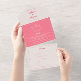 Modernes, kaltrosa Fuchsia Retro Vibes Wedding All In One Einladung