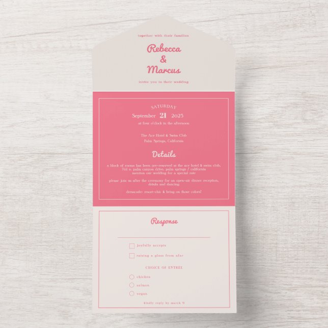 Modernes, kaltrosa Fuchsia Retro Vibes Wedding All In One Einladung (Innen Boden)