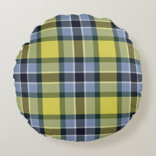 Modernes Kariertes Blaues und Gelbes Tartan-Muster Rundes Kissen