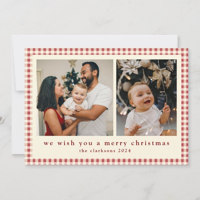 Modernes Kariertes Grün Foto Frohe Weihnachten (Vorderseite)