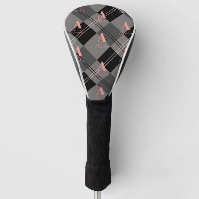 Modernes Kariertes Monogramm, Grau-Schwarz-Rosa Golf Headcover (Vorderseite)