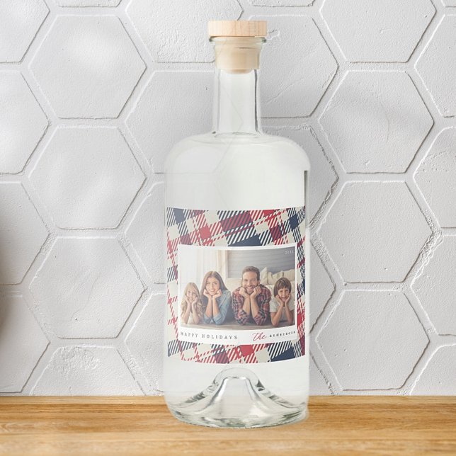 Modernes Kariertes Muster Weihnachts-Custom-Family Alkoholflaschenetikett (Von Creator hochgeladen)