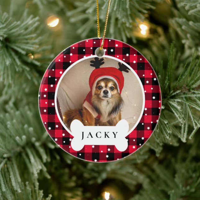 Modernes Kariertes Personalisiertes Tier Foto & Na Keramik Ornament (Baum)