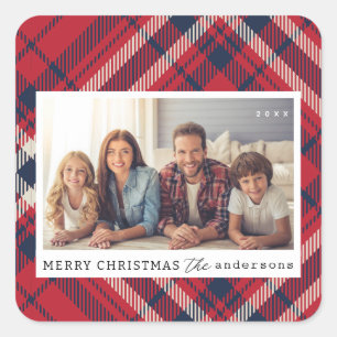 Modernes Kariertes Weihnachts-Custom-Foto Quadratischer Aufkleber