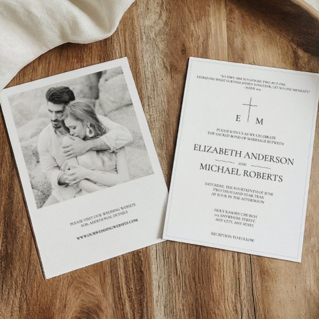 Modernes katholisches Foto B&W Cross Wedding Einladung (Catholic Wedding Invitation)