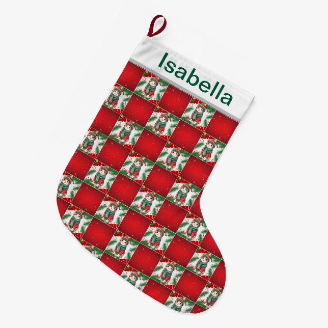 Modernes Katzenkätzchen Xmas Holly kariert Pattern Großer Weihnachtsstrumpf (Vorderansicht (hängend))
