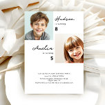 Modernes Kids Joint Birthday Party Foto Einladung<br><div class="desc">Feiern Sie zweimal die Freude mit dieser eleganten, maßgeschneiderten Einladung! Diese moderne, minimalistische Einladung zum Geburtstag besticht durch einen sauberen, weißen Hintergrund und eine ausgeklügelte Schrift-Typografie, die sich perfekt eignet, um zwei besondere Menschen gleichzeitig zu ehren. Personalisierte handgeschriebene Namen fügen eine herzliche Touch hinzu. Mit Platz für zwei Fotos und...</div>