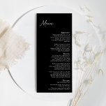 Modernes klassisches Black Wedding Flat Menu Menükarte<br><div class="desc">Dieses moderne klassische schwarze Hochzeitsmenü ist perfekt für Ihre elegante, moderne Hochzeit. Dieses Design zeichnet sich durch eine weiße, einfache Kalligraphie aus Set auf dunkelschwarzem Hintergrund aus, um Ihre klassische Hochzeit oder minimalistische Hochzeit im Frühling, Sommer, Herbst oder Winter. Gerne stehen wir Ihnen für Fragen zu diesem Design zur Verfügung....</div>