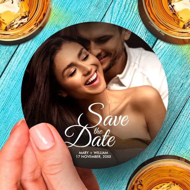 Modernes klassisches Foto Elegante Hochzeit Save t Runder Pappuntersetzer (Von Creator hochgeladen)