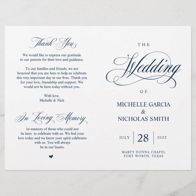 Modernes klassisches Hochzeitsprogramm für Navy, f (Vorderseite)