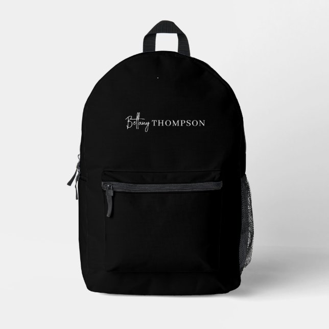 Modernes klassisches Schwarz-Script-Monogramm Bedruckter Rucksack (Vorderseite)
