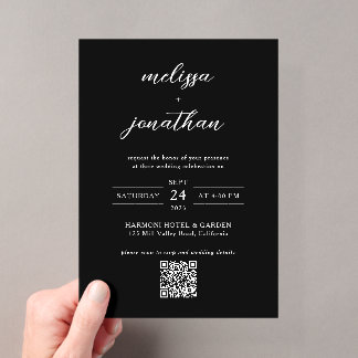 Modernes, klassisches Schwarz-Weiß-Script QR-Code Acryleinladungen