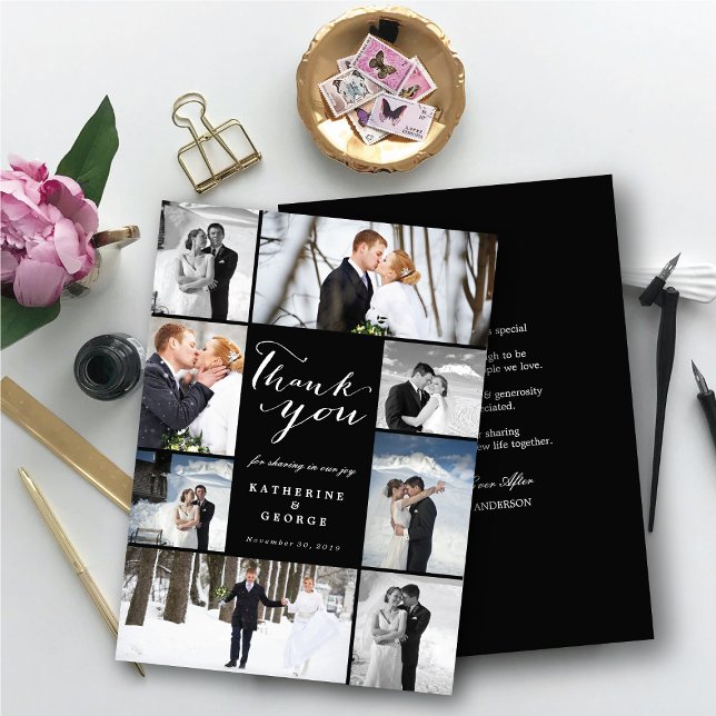 Modernes, klassisches Script 8 Multi-Foto Stilvoll Dankeskarte (Modern Classy Script 8 Multi Photo Collage Stylish Wedding Thank You Card @ fatfatin_blue_knot)