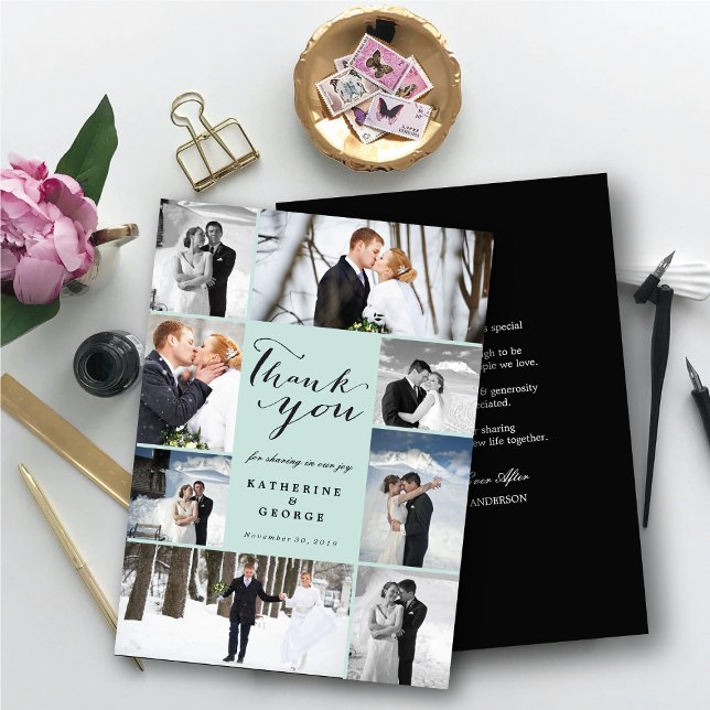 Modernes, klassisches Script 8 Multi-Foto Stilvoll Dankeskarte (Modern Classy Script 8 Multi Photo Collage Stylish Wedding Thank You Card @ fatfatin_blue_knot)