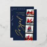 Modernes Kleinskript-Multi-Foto Weihnachtsblau Folien Feiertagspostkarte<br><div class="desc">Modernes minimales Drehbuch Multi Foto Weihnachts Retro marineblau Design. Elegantes,  echtes Gold,  Silber und Rose Goldfolie-Design.</div>