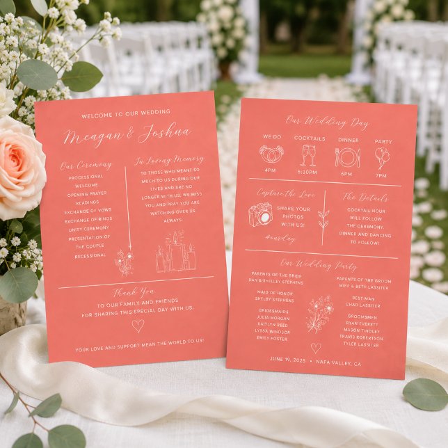 Modernes Koral Infographic Spring Wedding Programm (Von Creator hochgeladen)