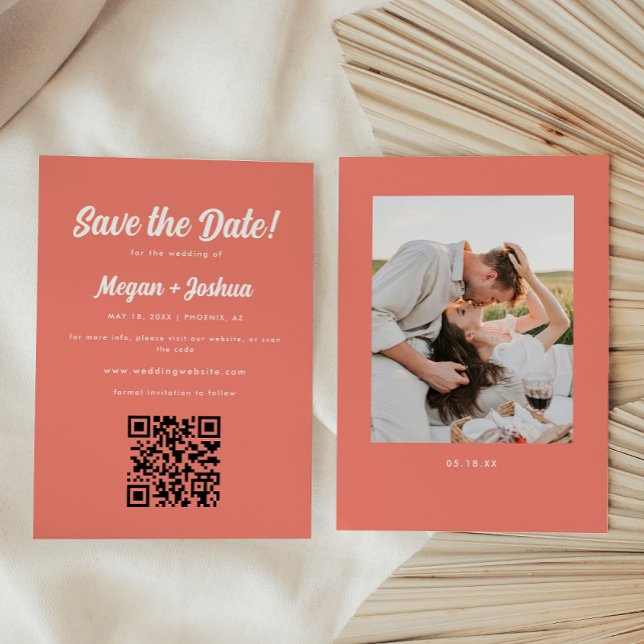 Modernes Korallenrosa QR Code Hochzeit Save The Date (Von Creator hochgeladen)
